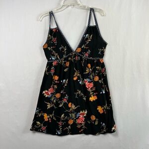 Band Of Gypsies Slip Dress Womens XS Babydoll Black Floral V Neck Boho Cottage